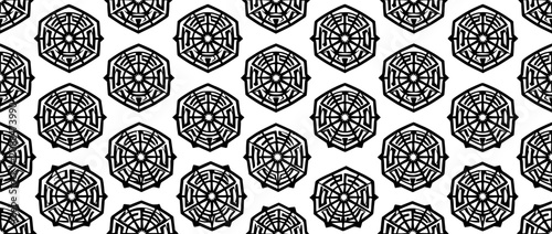 Seamless Pattern of Black Geometric Hexagonal Labyrinths on White Background