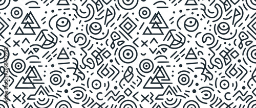 Seamless Pattern of Geometric Shapes and Abstract Linear Symbols