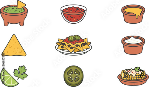 Mexican snacks and dips icon set with nacho chips guacamole salsa and cheese sauce vector