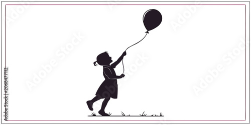 Foto Minimalist silhouette of a young girl playing with a balloon in a grassy field e