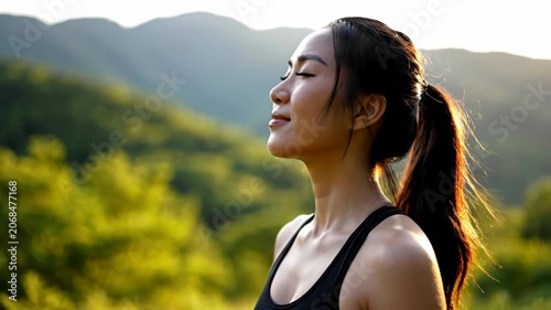 Side profile of a serene Asian woman with dark hair in a ponytail wearing a black sports bra, eyes closed, meditating outdoors with green mountains and sunlight in the background.
