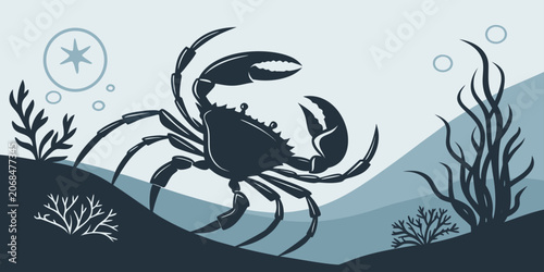 Photography Stylized blue monochromatic crab in underwater landscape with starfish and seawe