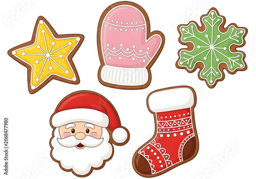 Christmas icons set with Santa Claus, Christmas tree, gifts, snowman, bells, candy cane, socks and winter holiday decorations festive cartoon vector illustration collection