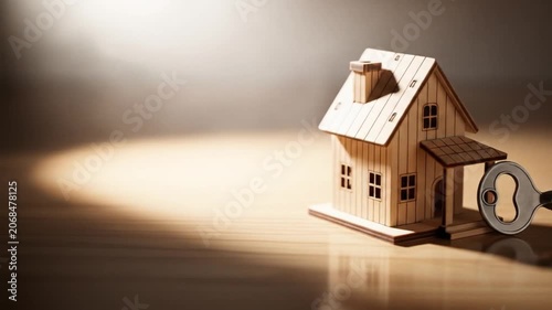 Dream Home Ownership Wooden House Model and Key on Wood with Spotlight.