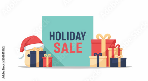 Colorful holiday sale advertisement with gifts and Santa hat