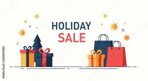 Colorful holiday sale advertisement with gifts and shopping bags
