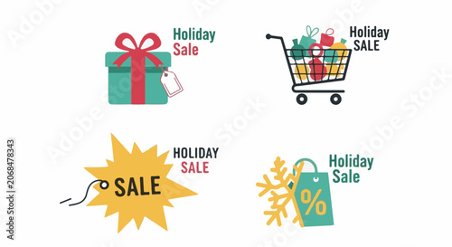 Colorful holiday sale icons with gifts and shopping cart
