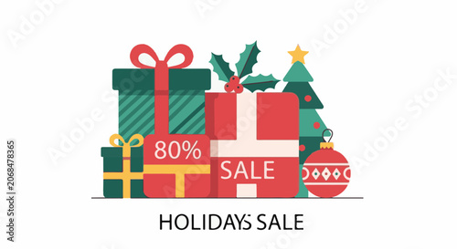 Colorful holiday sale illustration with gifts and decorations