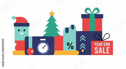 Colorful holiday shopping illustration with gifts, tree, and sale signs