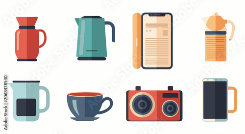 Colorful icons of kitchen appliances and gadgets on white background