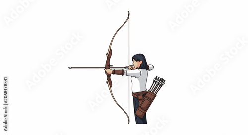 A woman with a bow and arrow is aiming