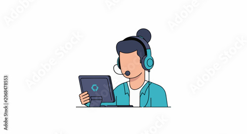 A woman with a headset on looks at a tablet