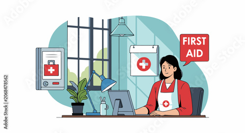 A woman wearing a red shirt and a white apron with a red cross sitting at a desk with a computer and a first aid kit
