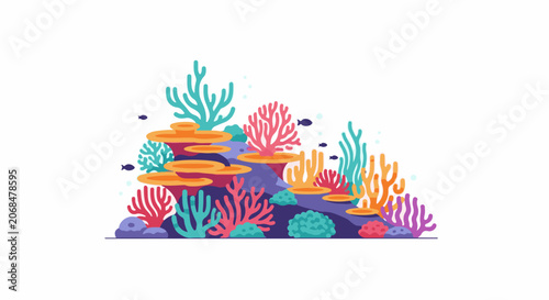 Colorful cartoon illustration of an underwater coral reef with vibrant sea anemones, fish, and plants