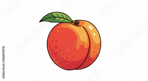 Colorful cartoon peach with leaf on white background