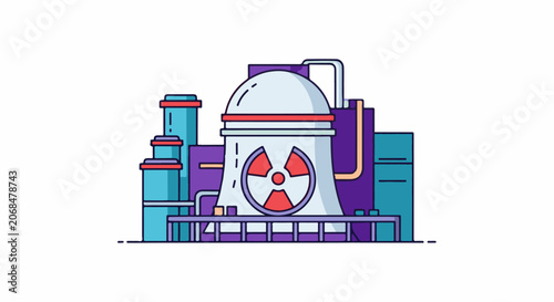 Colorful cartoon nuclear power plant with cooling towers and reactors