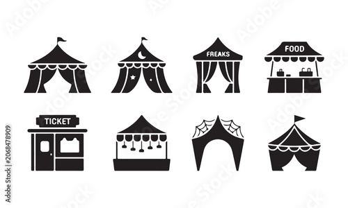 Bild auf Leinwand Set of eight black silhouette depicting carnival and circus tents, food stalls,