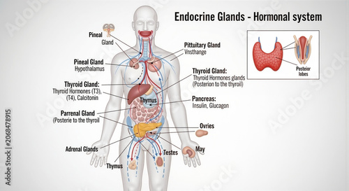 Human endocrine glands and hormonal system anatomy and physiology medical education health and wellness concept human body organs biological functions thyroid adrenal pancreas pituitary glands locatio