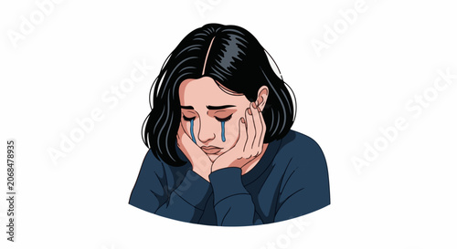 A woman with dark hair and a blue shirt is crying