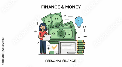 A woman with dark hair and a red shirt stands beside stacks of green bills and coins, holding a laptop