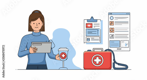A woman with brown hair holds a tablet and a coffee cup with a medical cross symbol, standing next to a red first aid kit and medical documents