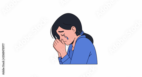 A woman with dark hair and a blue shirt appears to be crying and covering her mouth