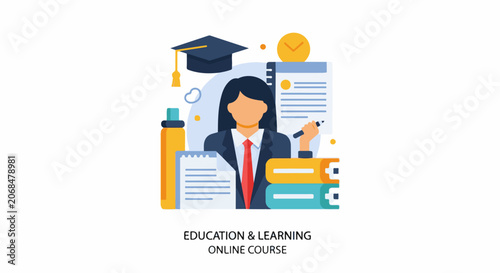 A woman with dark hair and a business suit surrounded by books, a graduation cap, and papers