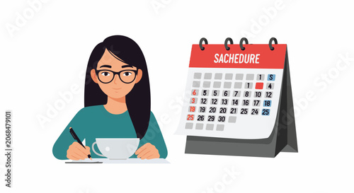 A woman with glasses and long black hair sits at a table with a calendar and coffee