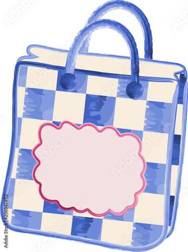 Blue Gingham Picnic Tote Bag Watercolor Sticker Illustration