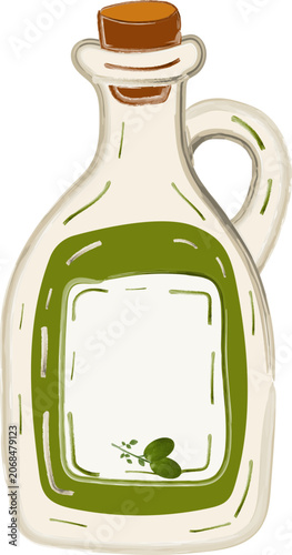 Hand-Painted Olive Oil Glass Bottle Watercolor Sticker Illustration