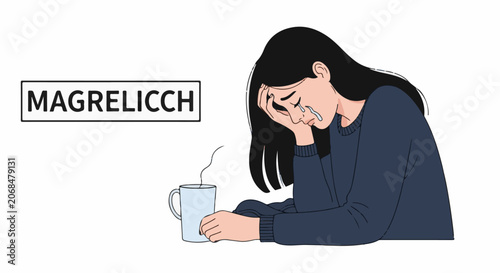 A woman with long black hair in a blue sweater, crying while holding a steaming mug