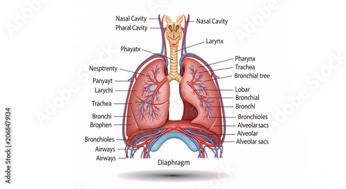 Anatomy of human lungs with labeled parts detailed internal respiratory system structure human respiratory tract with trachea bronchial tree and diaphragm labeled