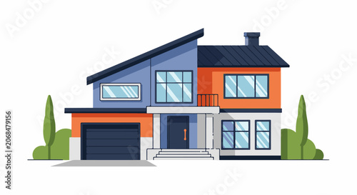 Colorful modern house with orange, blue, and gray exterior