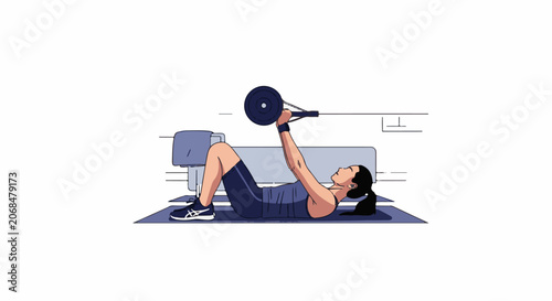 A woman lies on a mat lifting a weight
