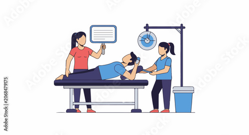 A woman lies on a medical table with two nurses assisting