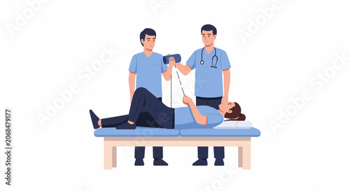 A woman lies on a medical bed while two healthcare professionals assist her