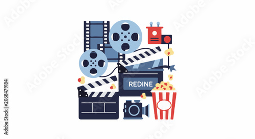 Colorful movie-themed graphic with film reels and snacks