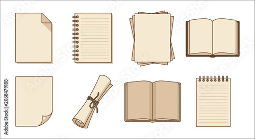 Obraz na plátně Collection of paper sheets notebooks and open books in a vector illustration sty