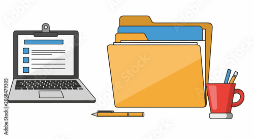 Colorful office supplies and laptop on white background