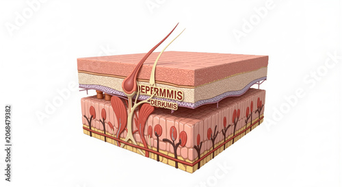 Detailed anatomy of human skin layers with hair follicle and blood vessels dermis and epidermis structure skin health and medical education concept