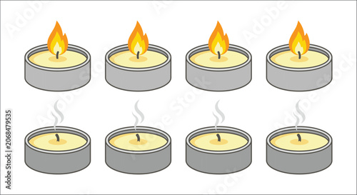 Cuadro en lienzo Tea lights in metal containers a vector illustration with lit and extinguished c