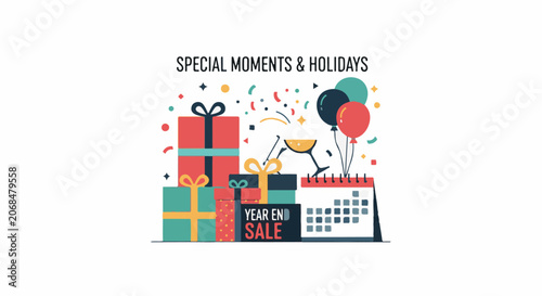 Colorful illustration of gifts, calendar, and balloons celebrating special moments and holidays