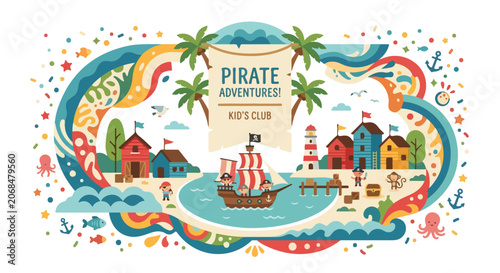 Canvas Print A vibrant vector illustration for a pirate-themed kid's club, featuring a ship, island shacks, treasure, and cute characters in a playful style