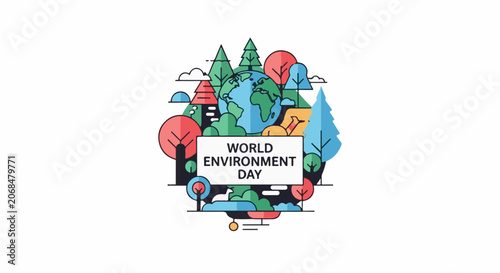 Colorful illustration of globe surrounded by trees and buildings for World Environment Day
