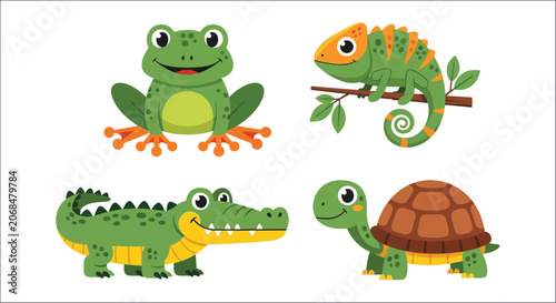 Konstfotografi Cartoon reptiles and amphibians collection vector illustration with a white back