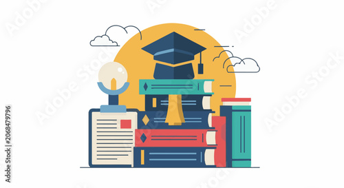 Colorful illustration of graduation cap on books