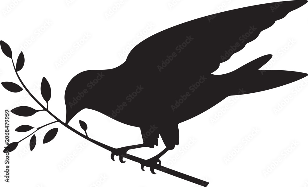 Fototapeta premium A black bird silhouette holding a branch with leaves in its beak with wings spread and art and in outline style