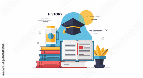 Colorful illustration of graduation cap on books and stationery