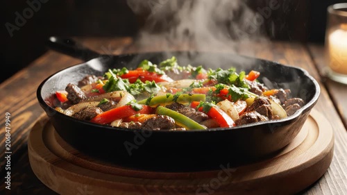 Sizzling beef fajitas with sliced red and green bell peppers, onions, and fresh cilantro served in a hot cast iron skillet on a wooden board with visible steam rising.
