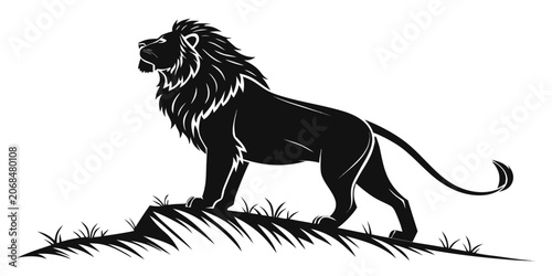 Sticker Majestic lion standing tall on a grassy mound looking to the side big cat black